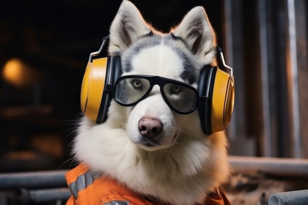 A husky dog wearing protective headphones and glasses on a construction site.の素材