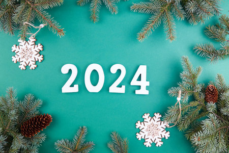 Fir branches with cones, wooden Christmas tree toys and numbers 2024.の写真素材