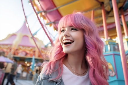 Happy young girl with pink hair in an amusement park. Kidcore style.の素材