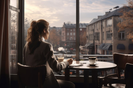A young girl in a business suit looks out the window in a cafe. Coffee break during working hours.の素材