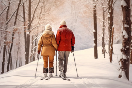 An elderly couple skiing in a winter forest. Active winter recreation in old age.の素材