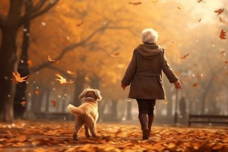 An elderly woman walks with her dog in an autumn park. Maple leaves are spinning and falling from the trees.の素材