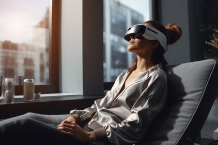 A young girl in virtual reality glasses is sitting on a sofa in a city apartment. Modern technologies, metaverse research, the future.の素材