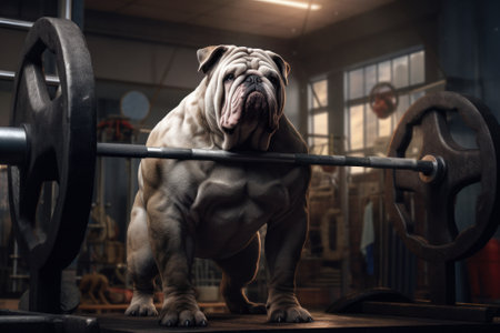 Muscular athletic dog bulldog gym at the barbell.の素材