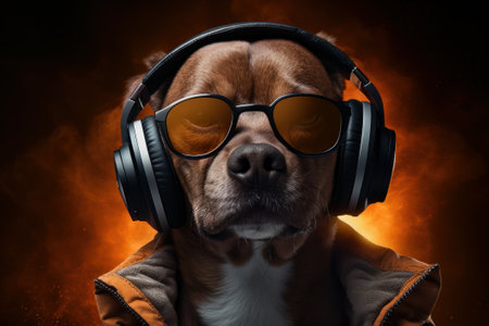Stylish dog wearing headphones, sunglasses and a fashionable jacket.の素材
