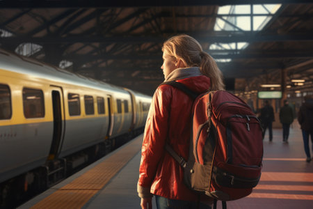 A young girl with a backpack at the railway station. Traveling by train.の素材