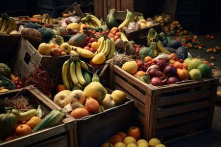 Boxes of fruits and vegetables in the backyard of the store, surplus products prepared for landfill. The problem of overproduction and irrational consumption.の素材