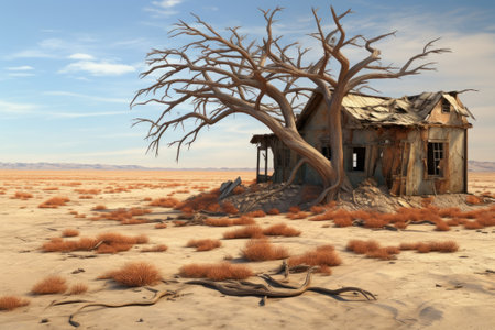 A dry tree on dry soil, an abandoned ruined old house. The problem of drought due to global warming, environmental disaster.の素材