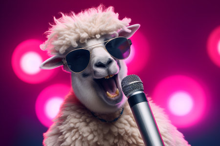 Stylish sheep superstar sings into the microphone on stage, neon background.の素材