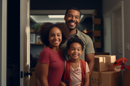 A happy African American family is moving into their new home. Cozy living room, cardboard boxes with things. Mortgage loan, the concept of improving housing conditions, moving.の素材