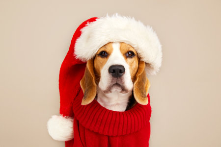 Cute beagle dog in a Santa Claus hat on a light isolated background.の写真素材