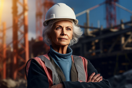 Portrait of an elderly woman construction worker in a protective helmet on a construction site.の素材