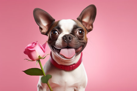 Cute dog with a rose on a pink background. Greeting card for Valentine's Day, Birthday, Mother's Day.の素材