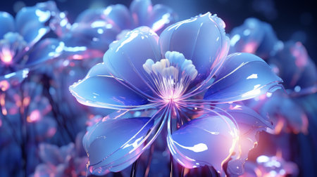 Fantasy surreal flowers. Futuristic floral wallpaper with iridescent holographic flowers, neon glow. Tropical exotic background.の素材