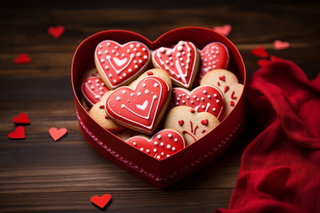 Heart-shaped cookies in a red festive box on a wooden background. A gift for Valentine's Day. Birthday, Mother's Day.の素材