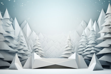 Winter Christmas landscape with fir trees. 3d origami, paper style.の素材