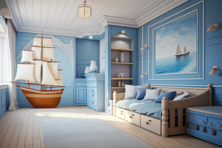 Modern interior of a children's bedroom in a nautical style. Cozy spacious room.の素材