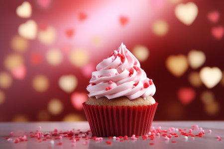 Sweet food. A Valentine's day cupcake with heart-shaped decorations on a bokeh background.の素材