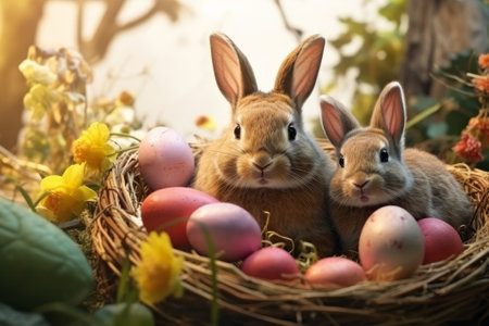 Easter bunnies in a basket with colorful eggs, spring flowers. A postcard for the bright Easter holiday.の素材