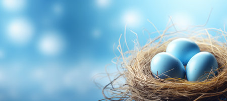 Easter card. Blue speckled eggs in a nest on a blue background. Banner. Copy space.の素材