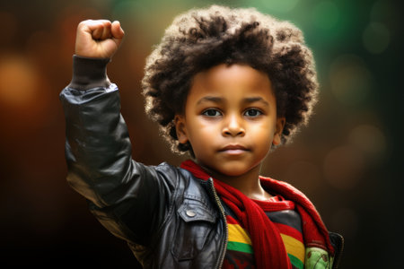 An African-American boy with a raised fist is seeking justice. Black History Month.の素材