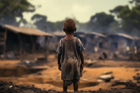 A dirty little poor kid in a poor African village, a view from the back. The problem of poverty, hunger and lack of drinking water.の素材