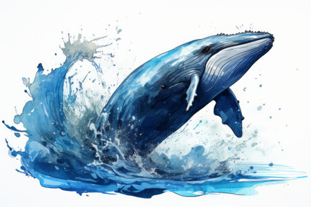Watercolor blue whale illustration isolated on white background. World Whale Day Card.の素材