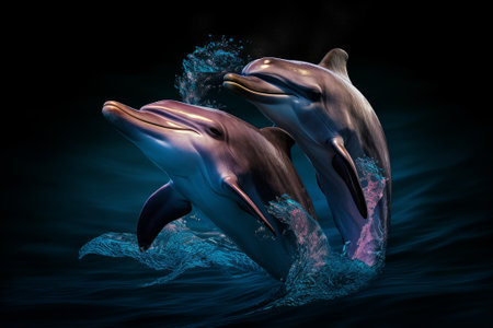Dolphins jumping out of the sea, dark background. World Whale Day Postcard.の素材