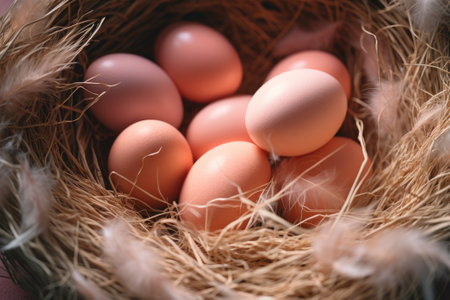 Easter peach eggs in a nest with fluffy feathers. Peach Fuzz Color of the Year 2024の素材