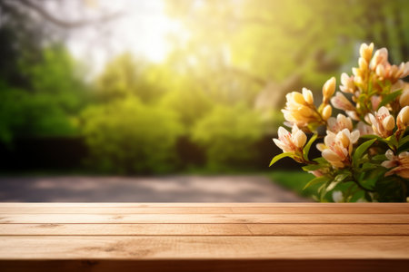 An empty wooden countertop overlooking a blooming spring garden.の素材