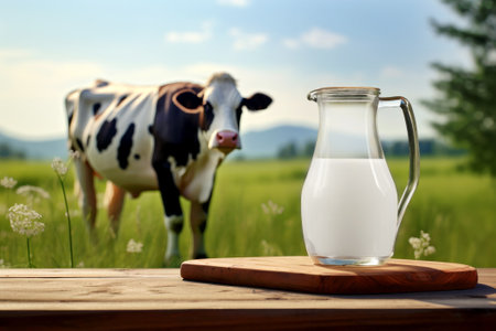 A jug of milk on a wooden table top, a cow grazing in a meadow.の素材