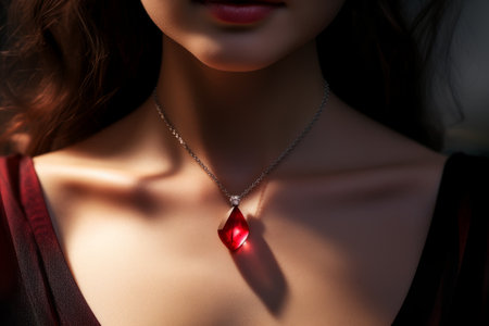 A necklace with a pendant with a red crystal on the girl's neck.の素材