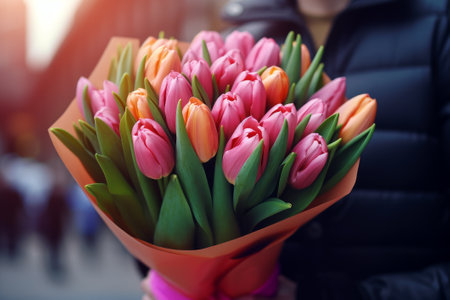 A man holds a bouquet of tulips in his hands. Mothers Day, Valentines Day, Womens Day on March 8thの素材
