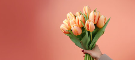A bouquet of peach tulips in womens hands. Mothers Day, Valentines Day, womens Day on March 8th.の素材