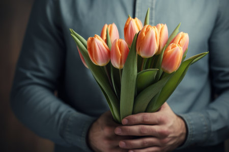 A man holds a bouquet of tulips in his hands. Mothers Day, Valentines Day, Womens Day on March 8thの素材