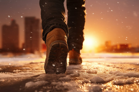 A man walks down a winter street at sunset, close-up of mens leather shoes with falling snowflakesの素材