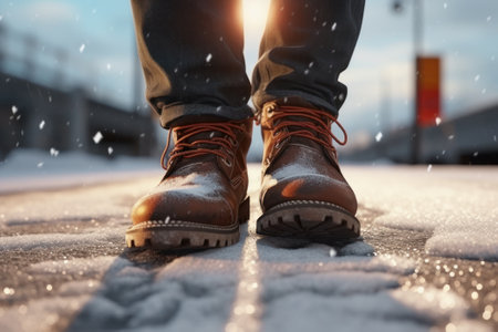 A man walks down a winter street at sunset, close-up of mens leather shoes with falling snowflakesの素材