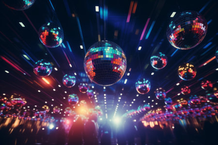 Colorful disco balls with bright rays, a night party or a discoの素材