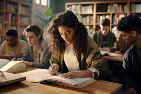 Students in the school library are preparing for lessons and exams.の素材