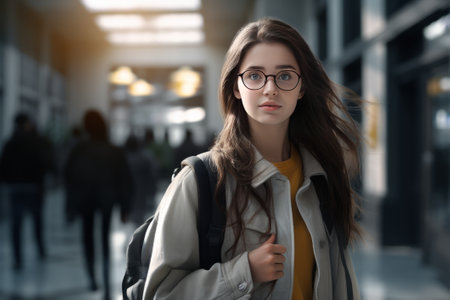 A pretty student girl with glasses and a backpack in the hallway of a high school or college. The girl goes to classの素材