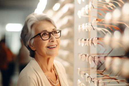 An elderly woman chooses eyeglass in an optics store.の素材