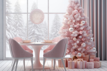 A pink Christmas tree in a bright cozy living room with a festive table. Pastel pink interior.の素材