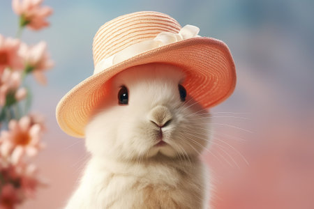A cute bunny rabbit in a peach-colored hat. Easter postcard in trendy color Peach Fuzz.の素材