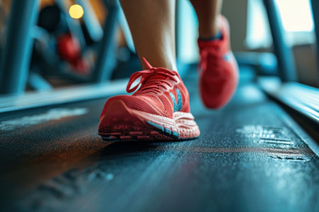 Close-up of a woman's legs in red sneakers on a treadmill in the gym.の素材