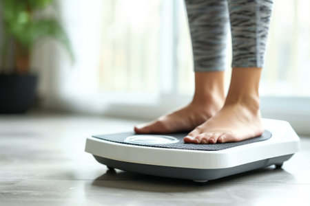 Women's feet on the scales, the problem of excess weight.の素材