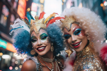 Happy young women with painted faces, bright clothes and colorful hair at a masquerade, Mardi Gras festival.の素材
