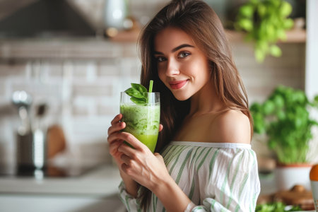 Young woman drinking green fresh vegetable juice or smoothie from glass at home. Healthy detox diet drinkの素材