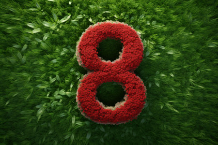A flowerbed with blooming red flowers grown in the shape of an eight. Congratulations on International Women's Day on March 8th.の素材