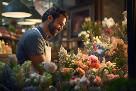 A male salesman in a flower shop. Small business.の素材
