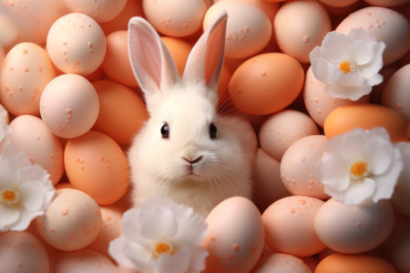 A white Easter bunny in a pile of peach-colored eggs. An Easter card. Peach Fuzz Color of the Year 2024の素材